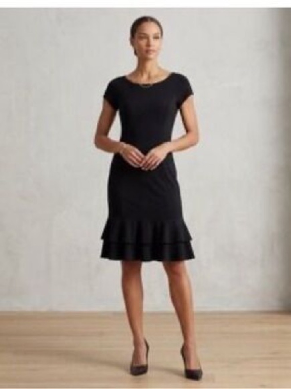 Ralph Lauren Crewneck Ribbed Sleeves Midi Dress Black